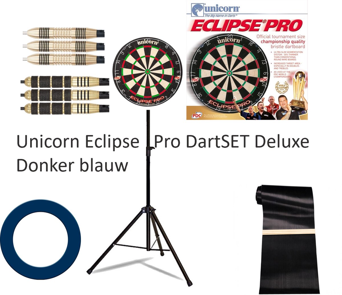 Unicorn Eclipse pro dartSET Deluxe BLAUW incl Dartstandaard & 6 darts + Surround Ring Blauw + Rubberen Ochemat