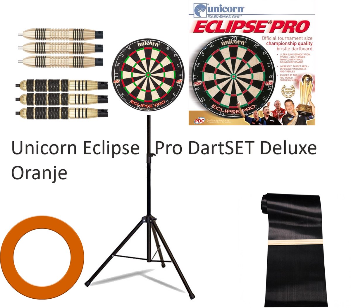 Unicorn Eclipse pro dartSET Deluxe ORANJE incl Dartstandaard & 6 darts + Surround Ring oranje  + Rubberen Ochemat