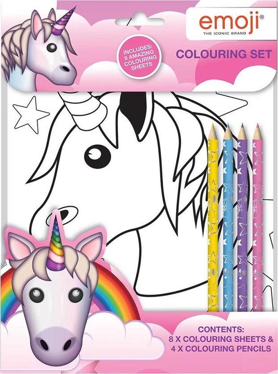 Unicorn Emoji kleurplaten - 8 stuks - 4 kleurpotloden -