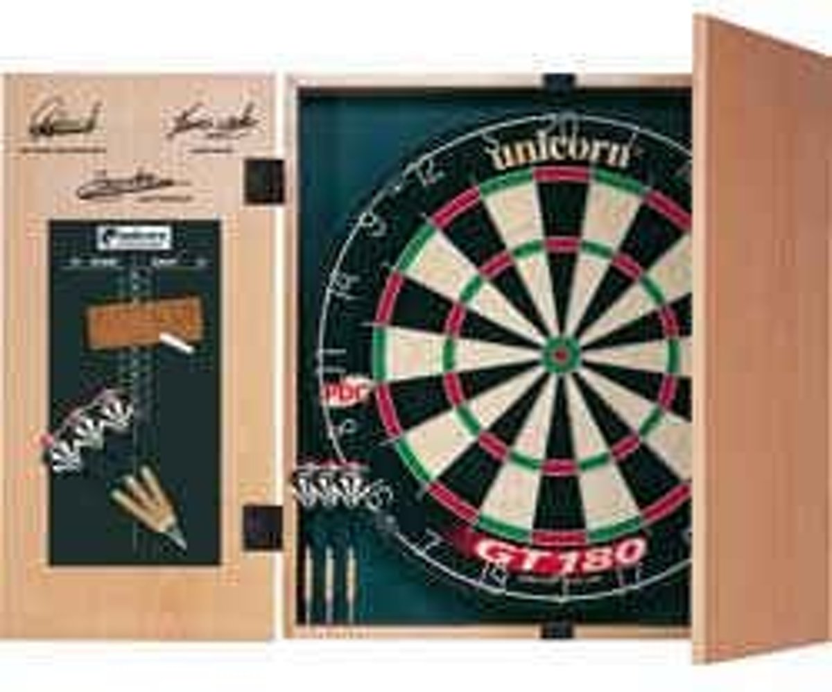 Unicorn Original Dartboard, Cabinet and Darts. Dartbord in kast