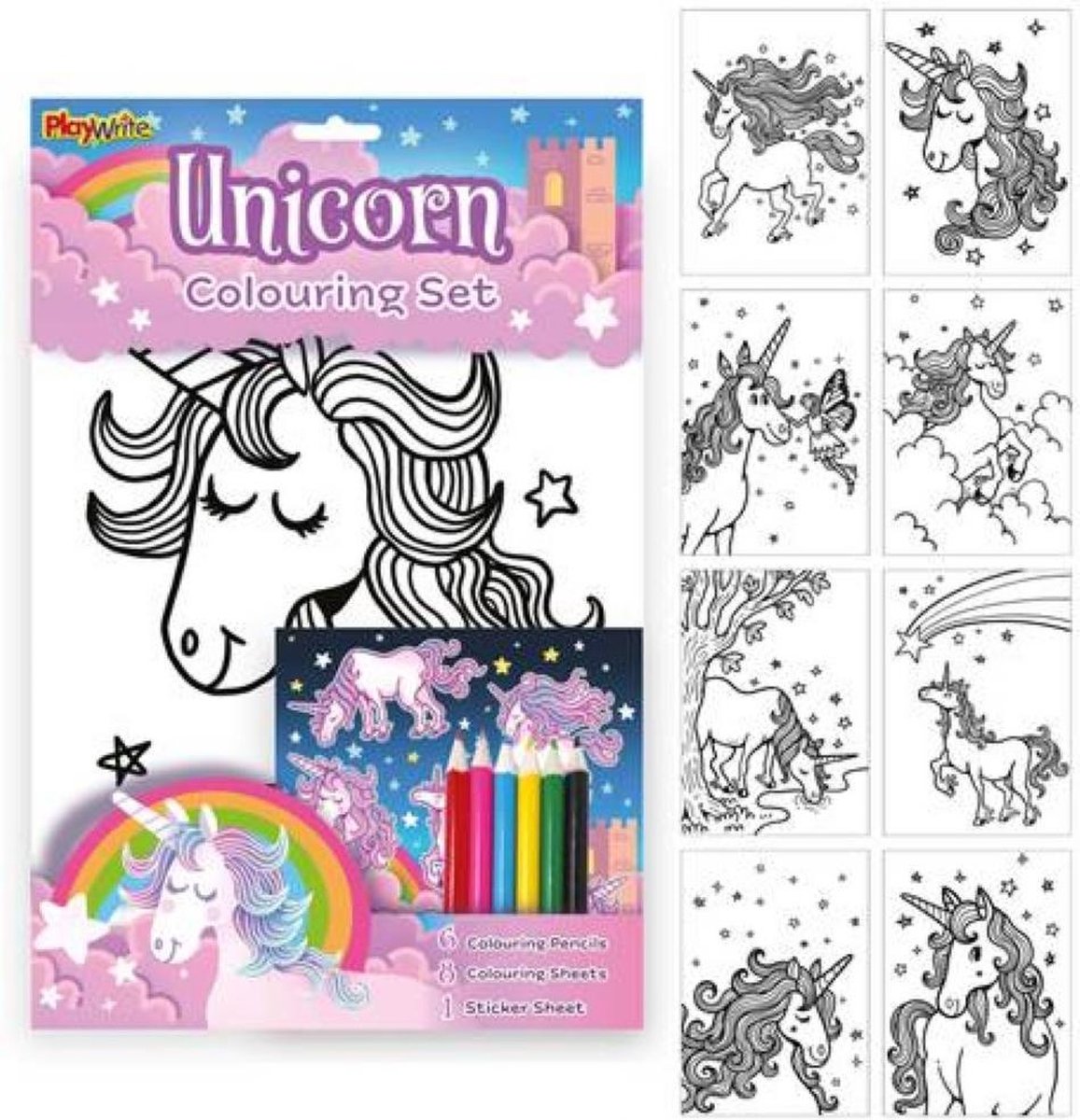 Unicorn kleurboek - 8 kleurplaten - Stickers - Potloden