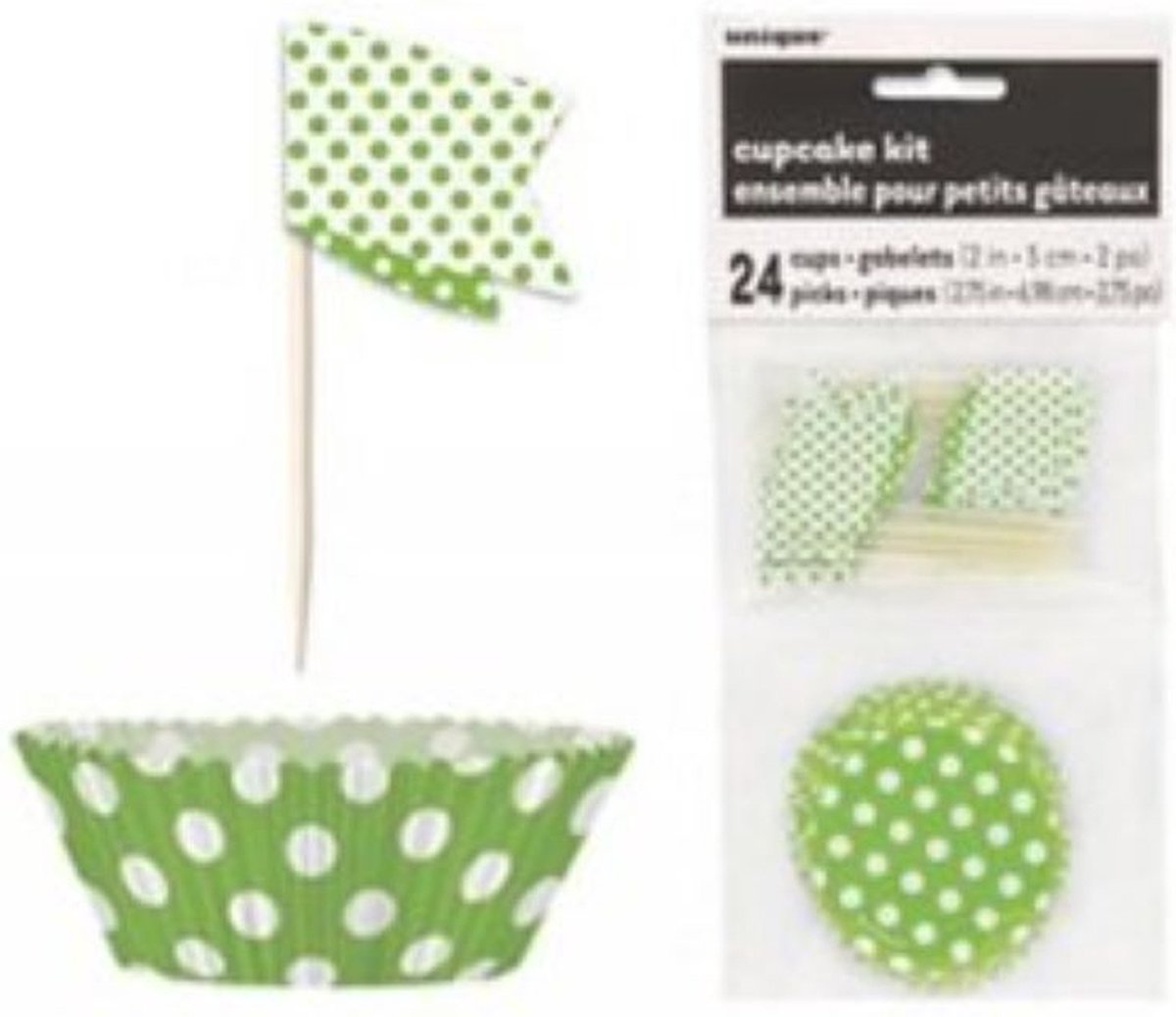 48 cupcake bakjes en 48 cupcake prikkers polka dot groen met wit - cupcake - groen - traktatie