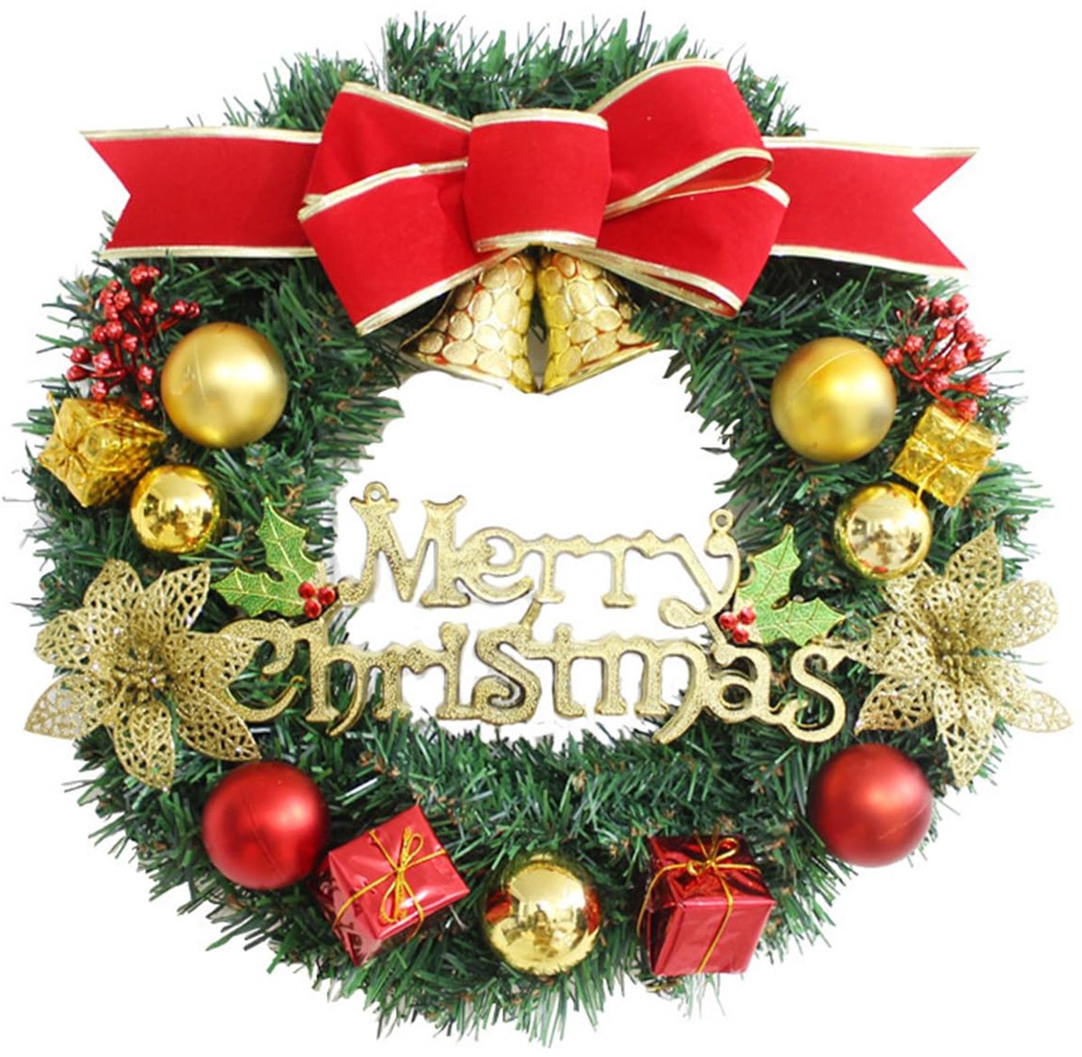  ® Kerstkrans met dennenappels en gouden details voor deurdecoratie