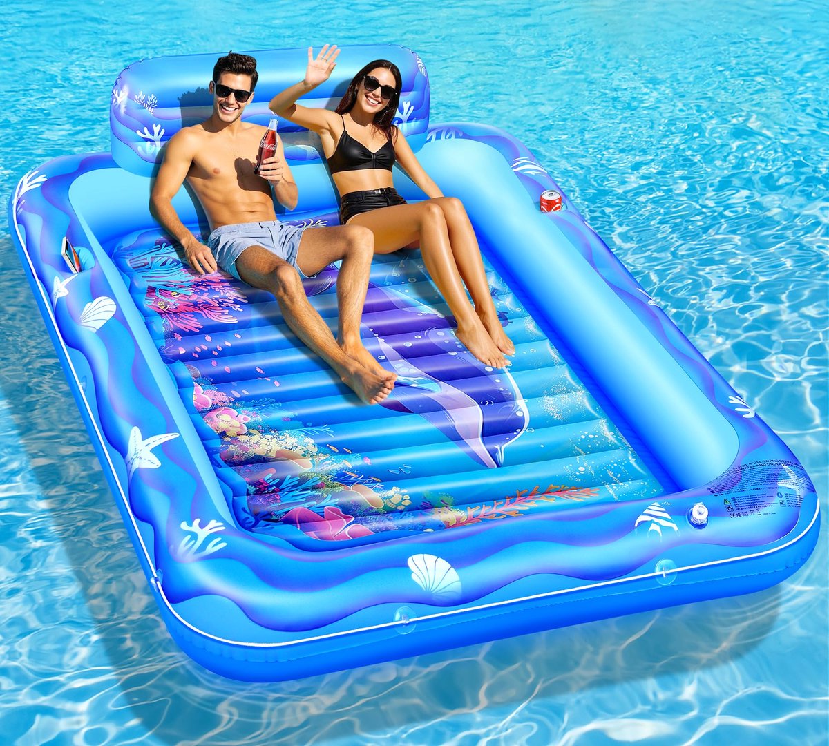  ® Luxe Opblaasbaar XXL Luchtmatras met Zeewereld Design en Rugleuning voor Twee Personen