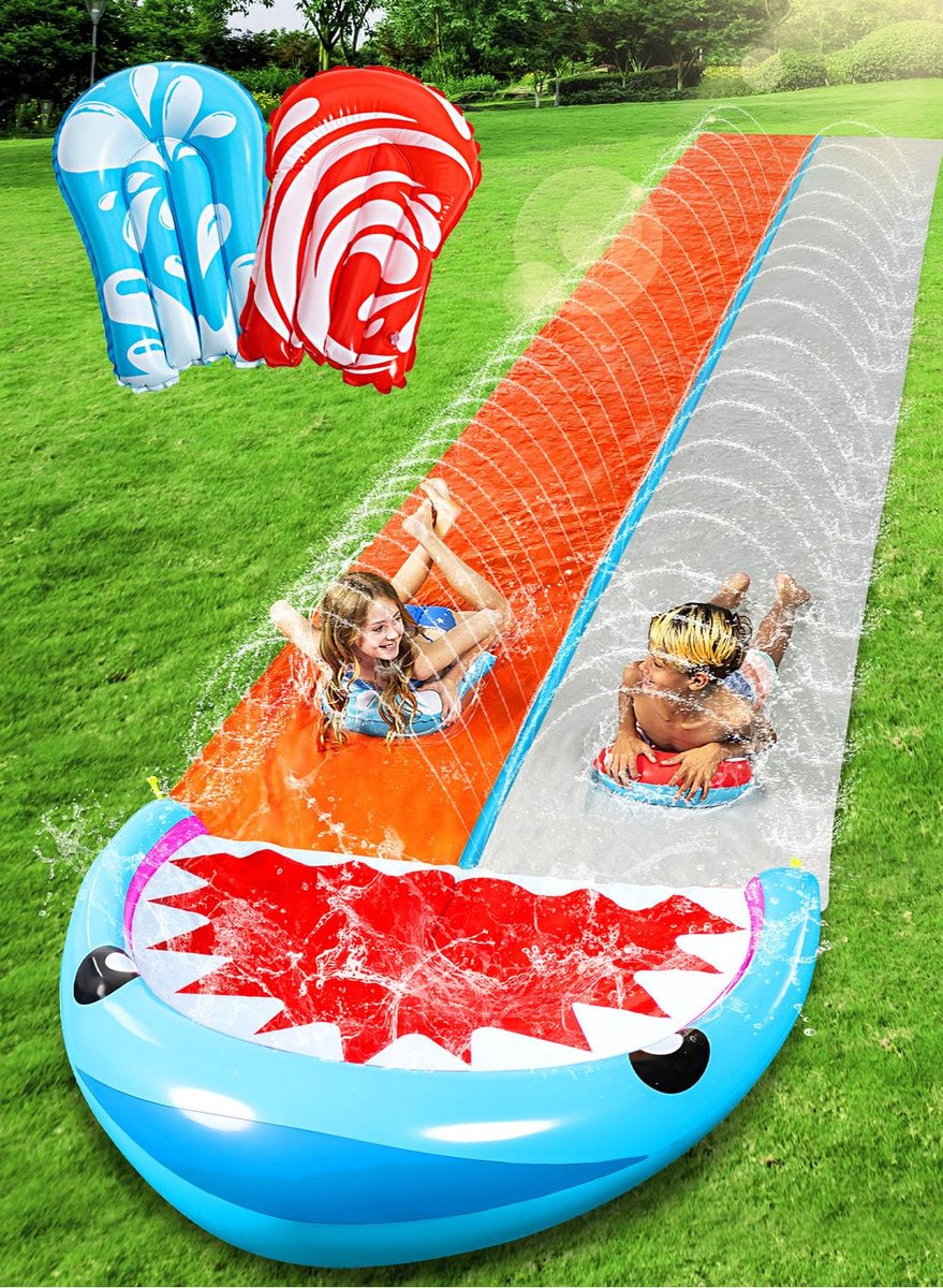 ® Spektakel Dubbele Waterglijbaan van 685,8 cm met Inclusief Opblaasbare Planken en Sprinklers voor Tuinplezier