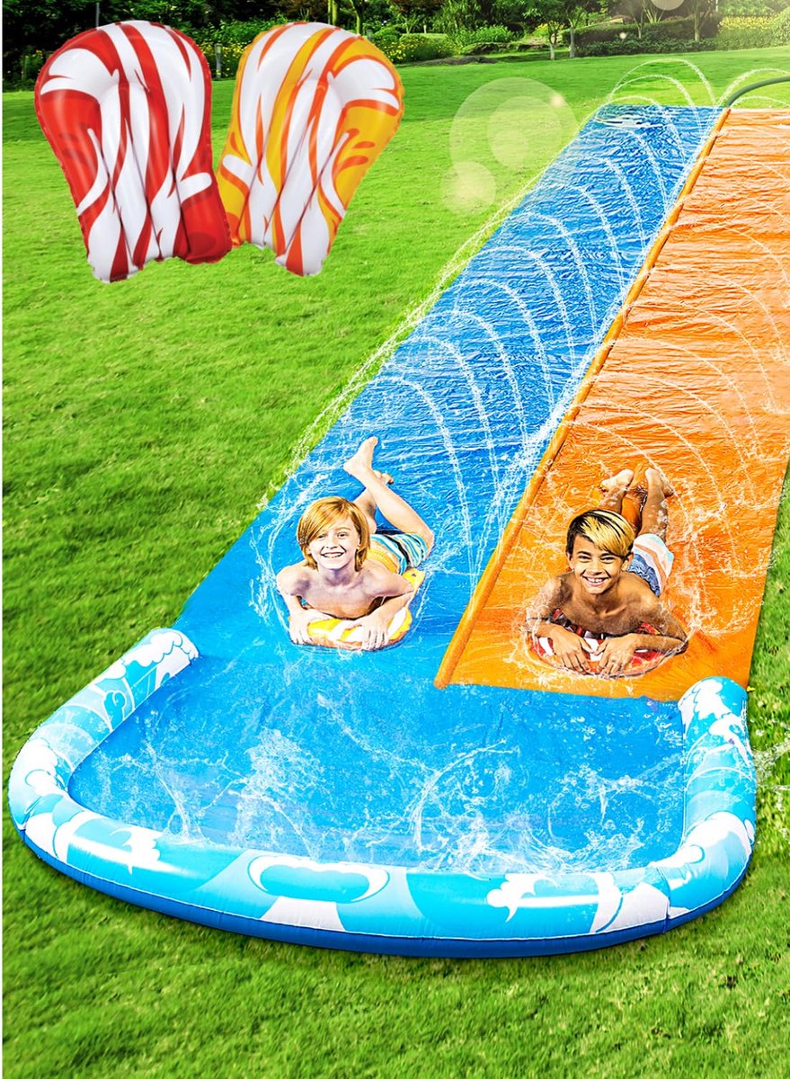  ® Zomers Waterplezier Dubbele Waterglijbaan met Opblaasbare Bodyboards en Sprinkler 7 METER!