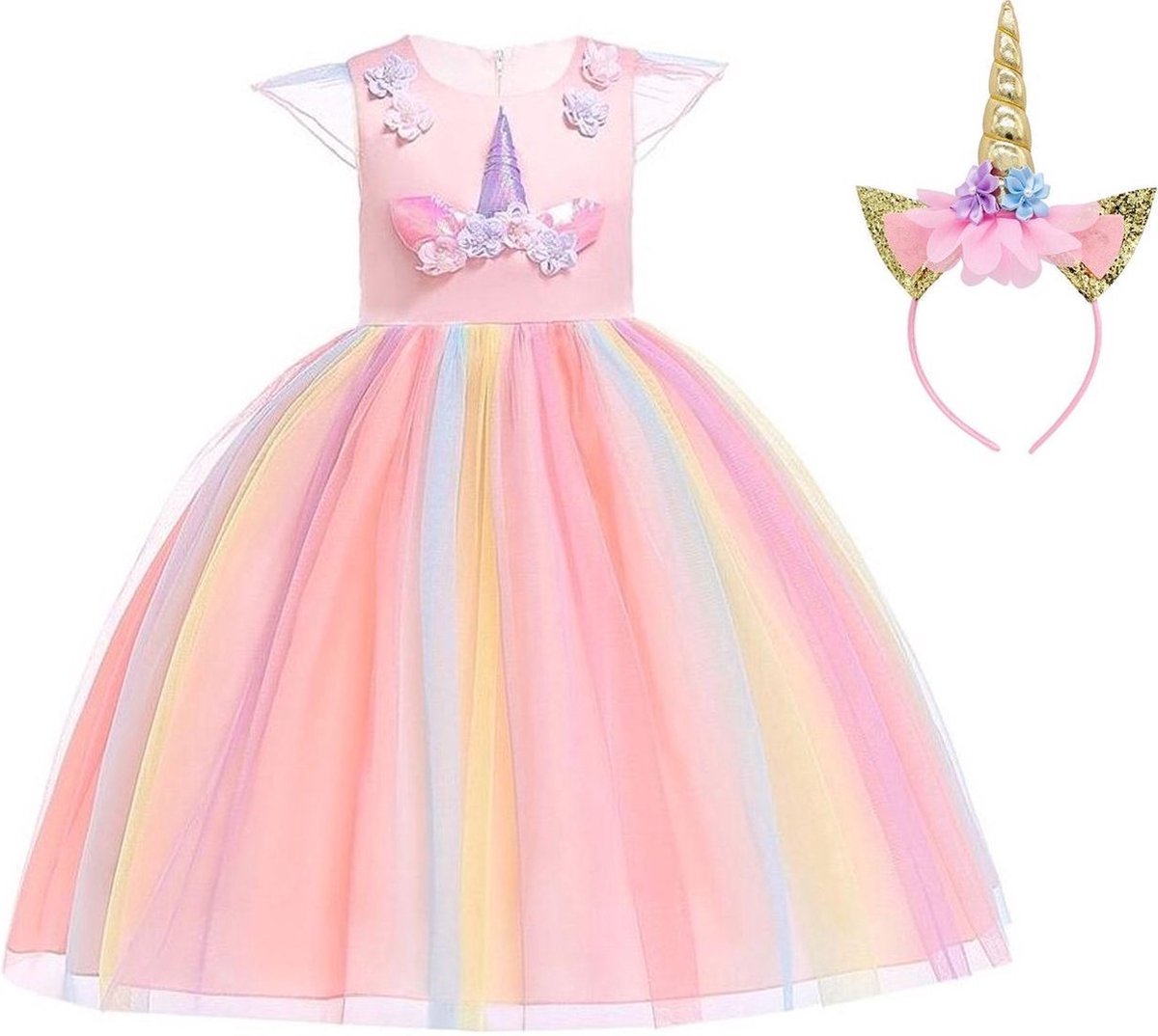 Eenhoorn jurk unicorn jurk eenhoorn kostuum - roze Classic 120 prinsessen jurk verkleedjurk met haarband en unicorn ketting