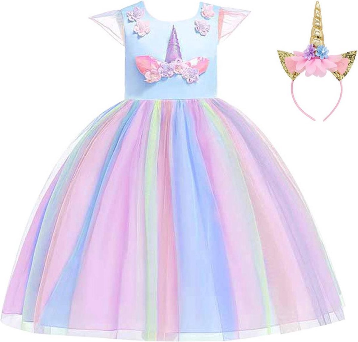 URBANKR8 - Eenhoorn jurk unicorn jurk - carnavalskleding- carnaval -eenhoorn kostuum - Blauw Classic 130 prinsessen jurk verkleedjurk met haarband en unicorn ketting