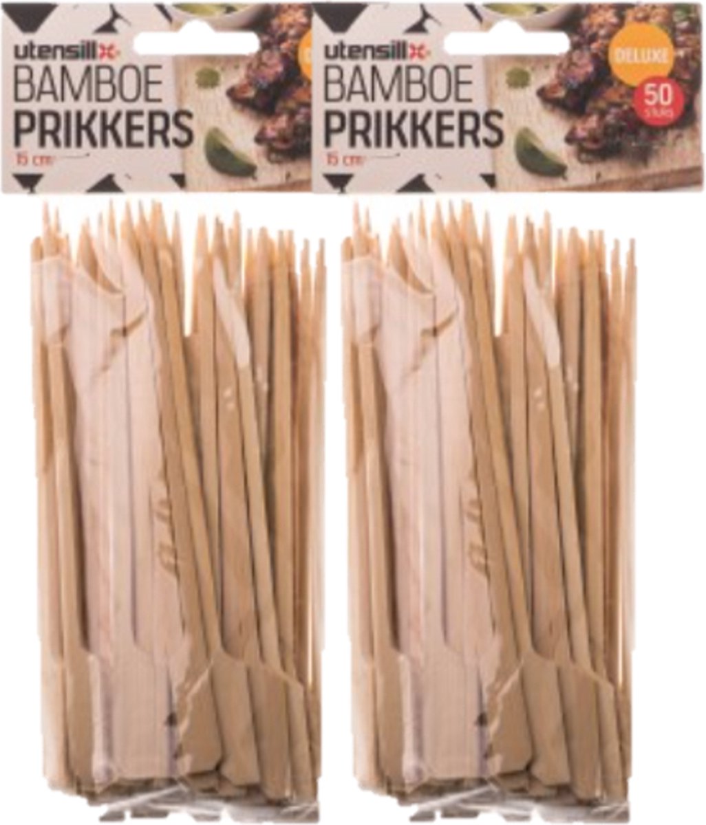 Bamboe prikkers - 2x bamboe prikkers - Prikkers - Deluxe bamboe prikkers - 100 stuks - 15 cm - Bamboe - Sate prikkers - Tapas prikkers - Kip prikkers - Fruitspiesjes - Bamboe prikkers 100 stuks.