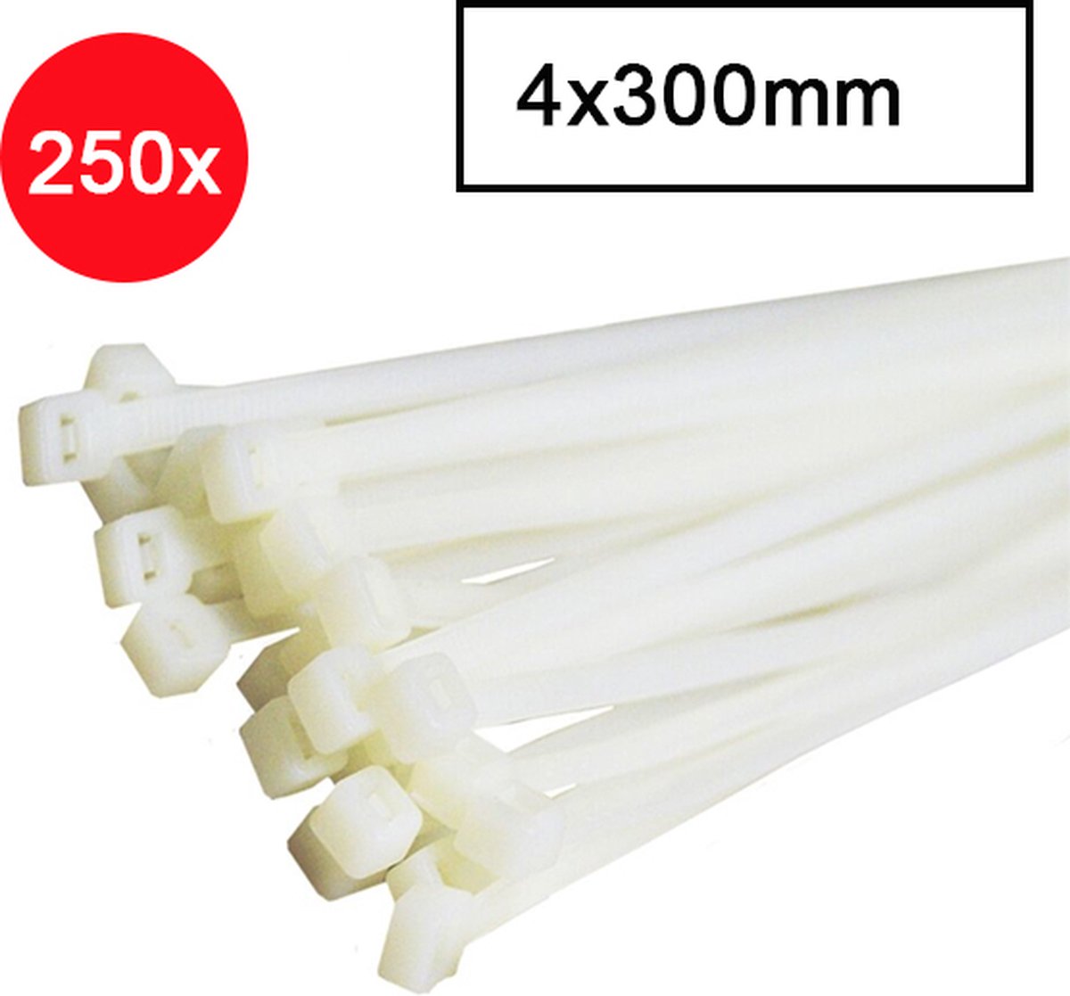 Kabelbinders - Tyraps - Tie wraps - Kabel organizer - 4x300mm - 250 stuks - Wit