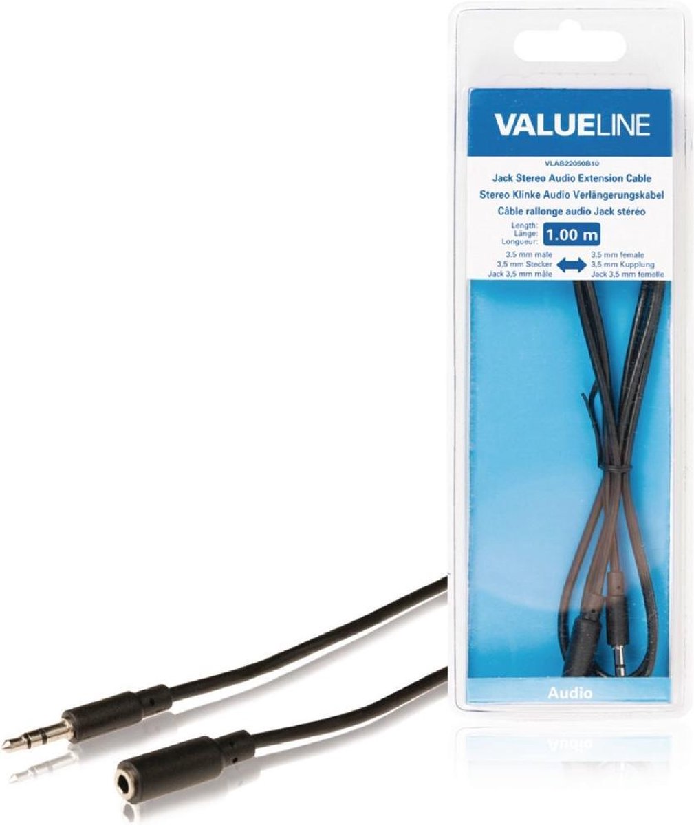 Valueline VLAB22050B10 Jack Stereo Audio Verlengkabel 3,5 mm Mannelijk - 3,5 mm Vrouwelijk 1,00 M Zwart