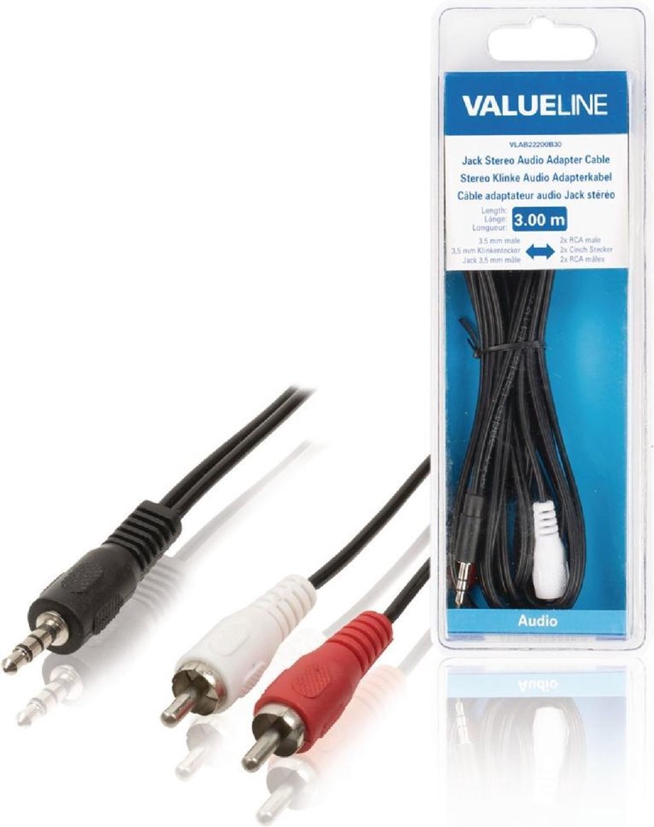 Valueline VLAB22200B30 Jack Stereo Audio Adapterkabel 3,5 mm Mannelijk - 2x Rca Mannelijk 3,00 M Zwart