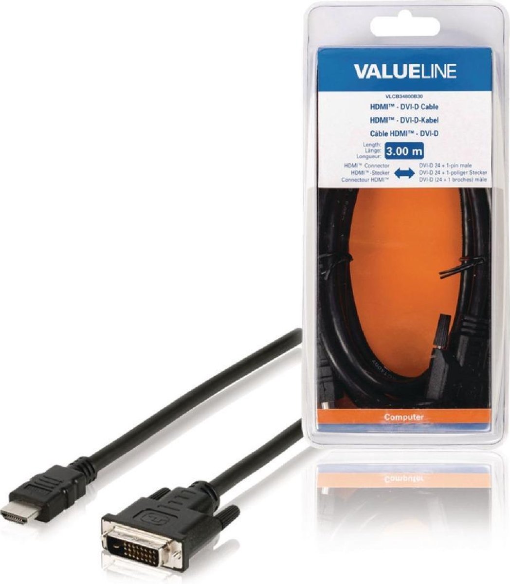 Valueline VLCB34800B30 Hdmi - Dvi-d-kabel Hdmi-connector - Dvi-d 24 + 1-pins Mannelijk 3,00 M Zwart