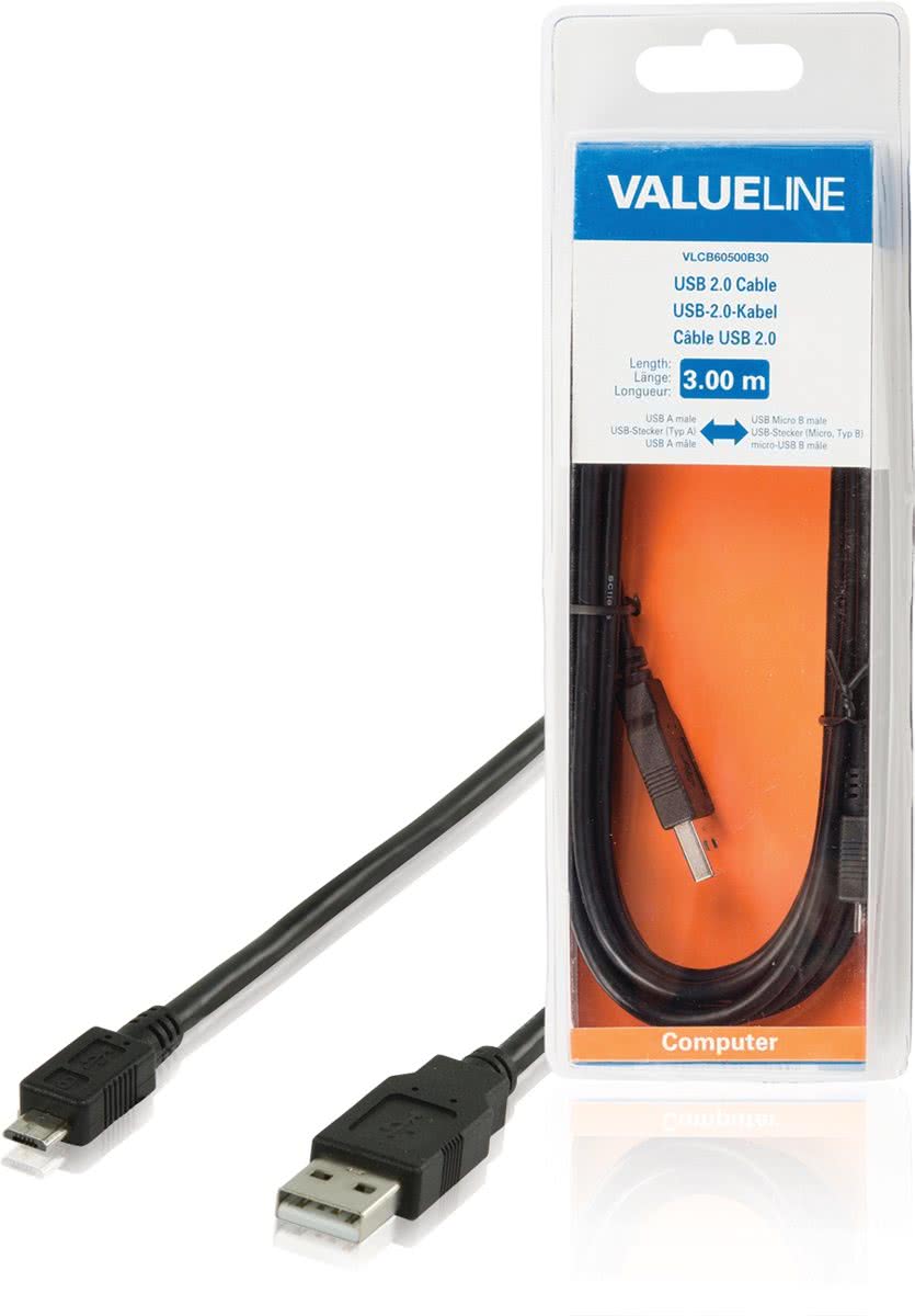 Valueline VLCB60500B30 3m USB A Micro-USB B Mannelijk Mannelijk Zwart USB-kabel