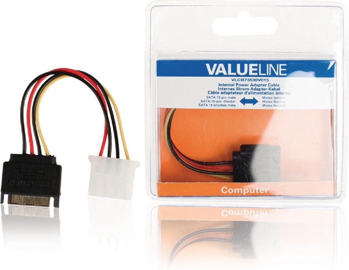 Valueline VLCB73530V015 Interne Stroom Adapterkabel Sata 15-pin Mannelijk - Molex Vrouwelijk 0,15 M Veelkleurig