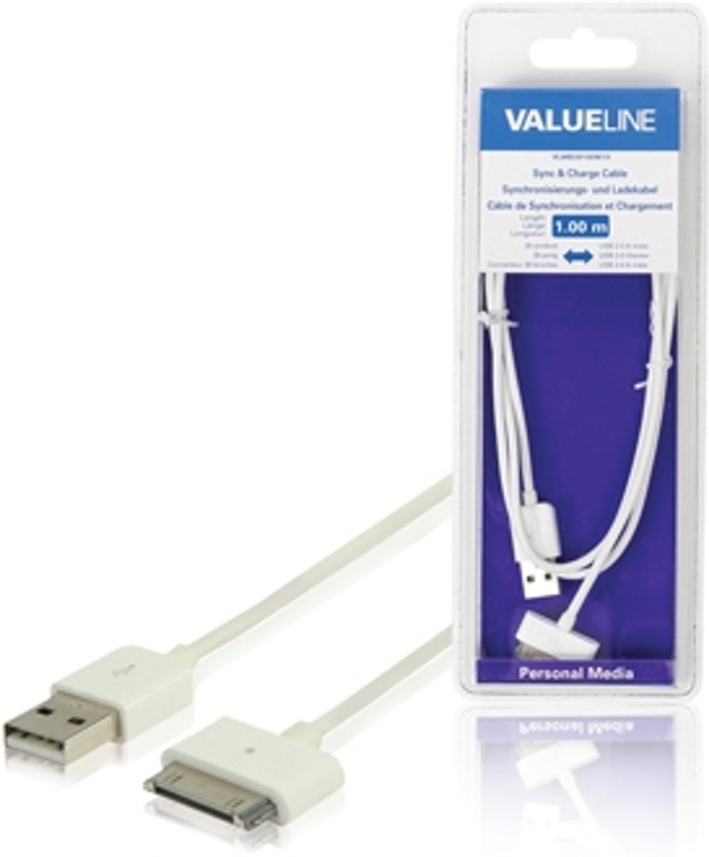 Valueline VLMB39100W10 1m USB A Apple 30-p Wit mobiele telefoonkabel