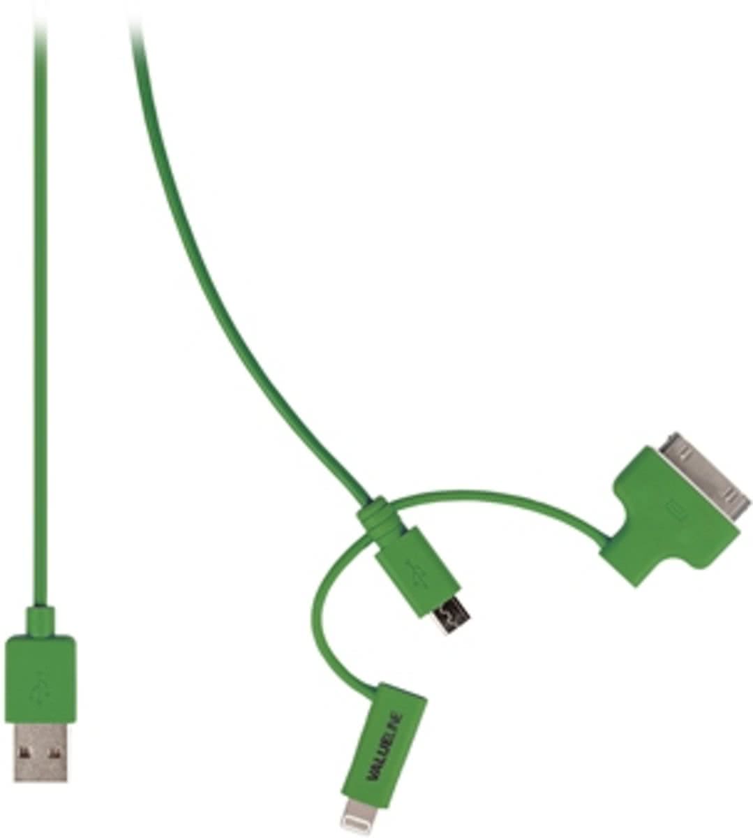 Valueline VLMP39410G1.00 1m USB A Micro-USB B/Apple 30-p/Lightning Groen mobiele telefoonkabel