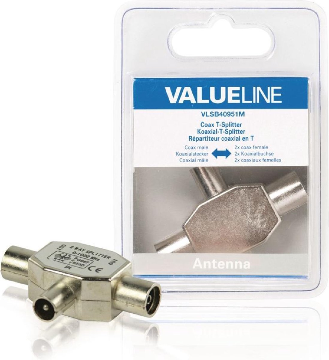 Valueline VLSB40951M Coax T-splitter Coax Mannelijk - 2x Coax Vrouwelijk Wit