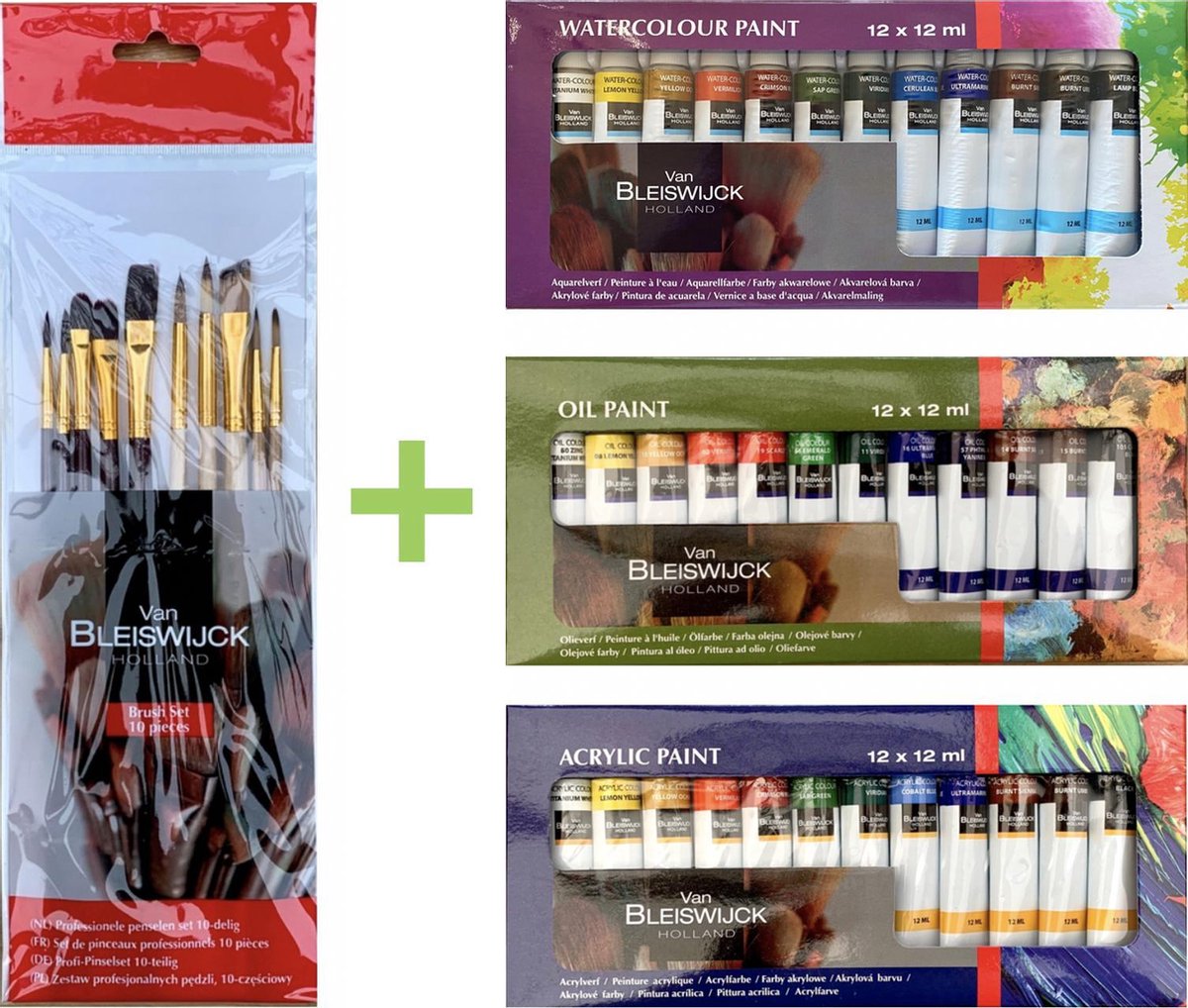 36-delig Hobbyverfpakket met bijhorende professionele 10-delige penselen set - 3 x 12 verschillende kleuren acrylverf, olieverf en waterverf - hobby - kinderen - verven - schilderen - verf - water - olie- acryl