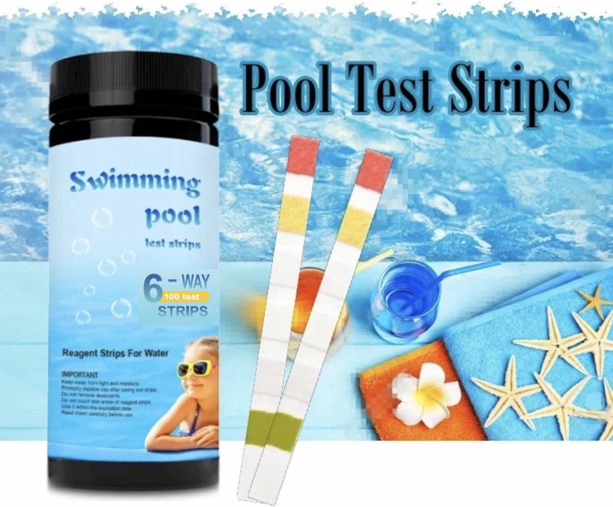 Zwembad / Jacuzzi Teststrips - 100 STUKS 6-in-1 — Zwemwater kwaliteit — Zwembadonderhoud — Test 1. Alkaliteit 2. Totale Chloor 3. Hardheid 4. Vrije Chloor 5. PH 6 Cyanuurzuur