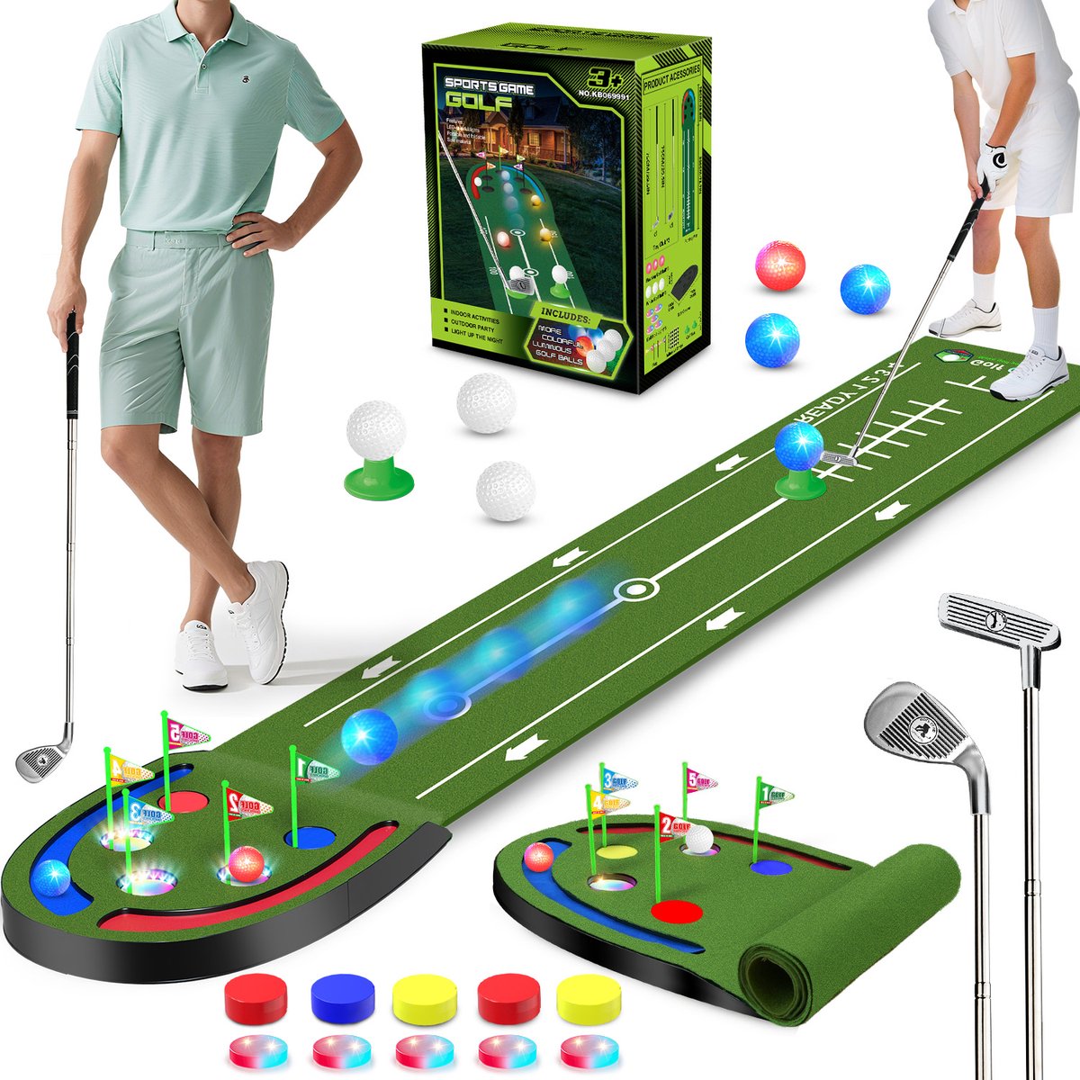 VATOS Golf Putting Mat - Spelset LED Ballen Glow Gaten Irons Putters Draagbare Green Buiten Sport Golf speelgoed golfset Kinderen 6-14+