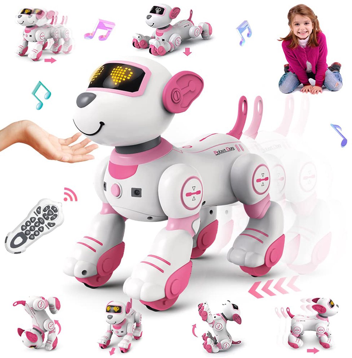 VATOS RC Robot Honden speelgoed - Interactieve Touch Follow 17 Functies Robot Hond Roze- Slimme Lopende Intelligente Dansende RC Puppy Robot Speelgoed voor kinderen Meisjes 3-12+