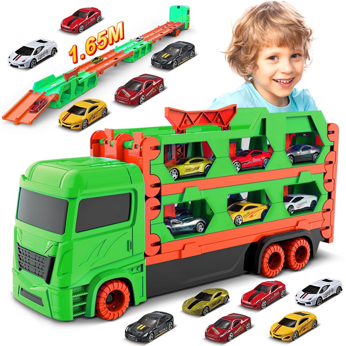 VATOS Transport Truck Treinen Speelgoed Groene - Met 6 Race Autos Trein - Draagbaar Ontwerp Racebanen - Educatief Voertuig Speelset voor Kinderen 3-6 Jaar