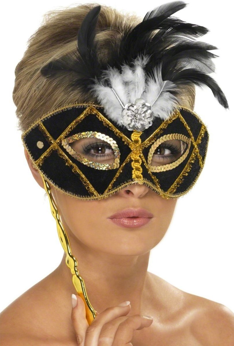 Eyemask, Black And Gold With Feathe