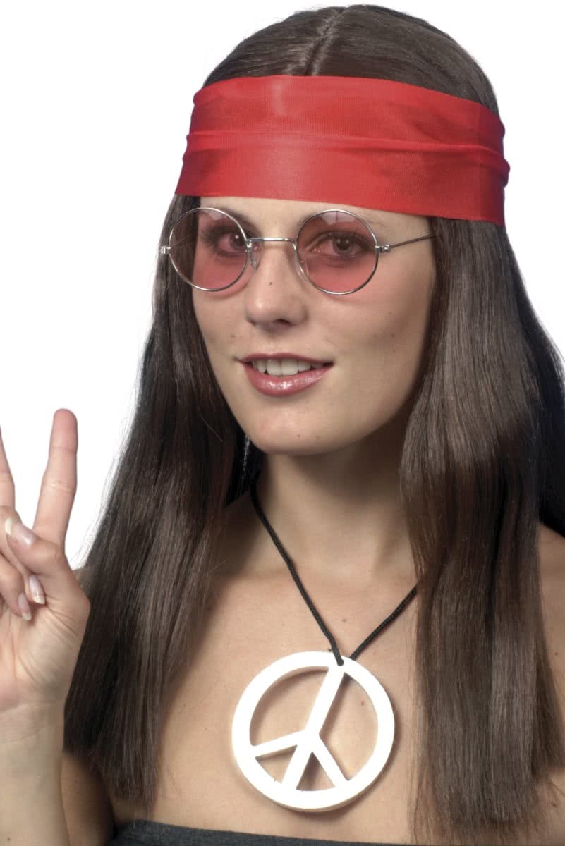 Hippie pruik + haarband + peace ketting + bril