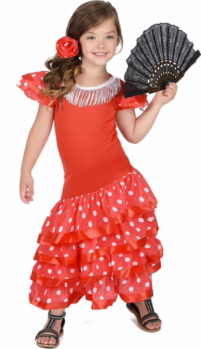 LUCIDA - Rode flamenco danseres kostuum voor meisjes - L 128/140 (10-12 jaar) - Kinderkostuums