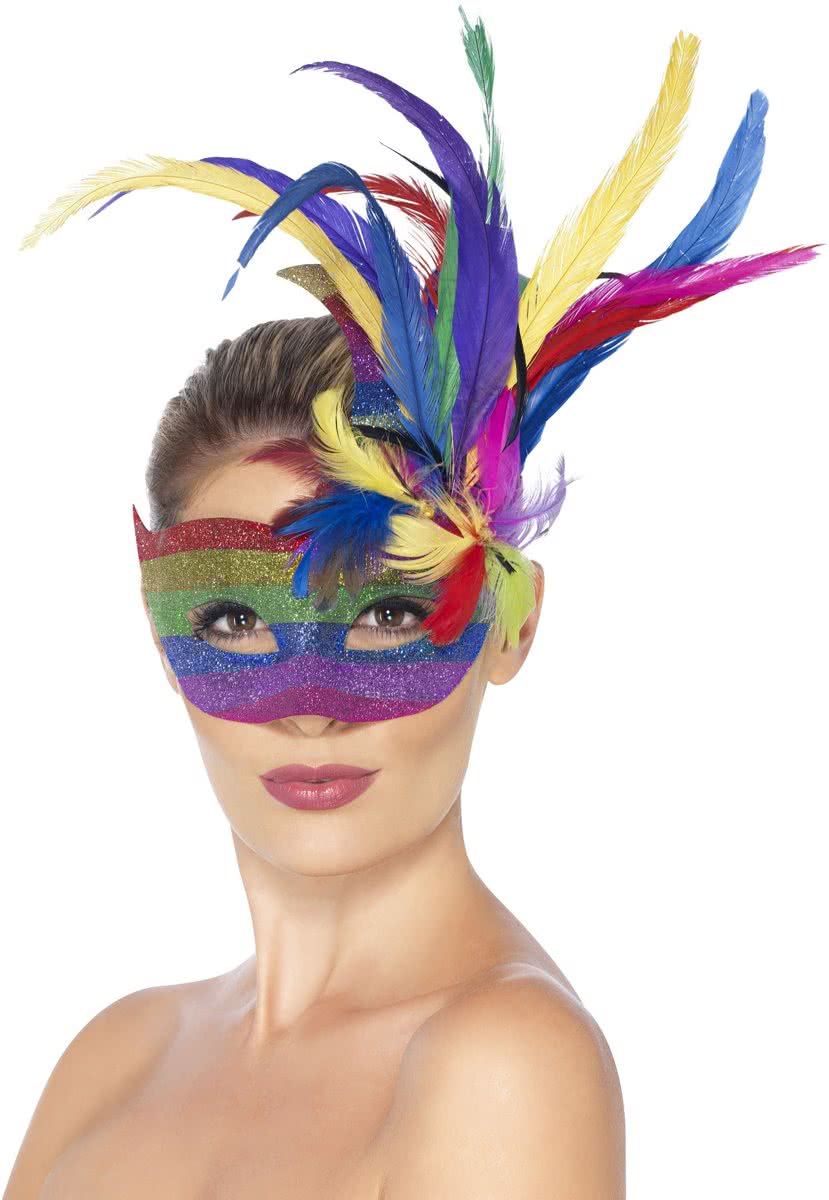 Regenboog masker met veren - Venitaanse masker met regenboogkleuren