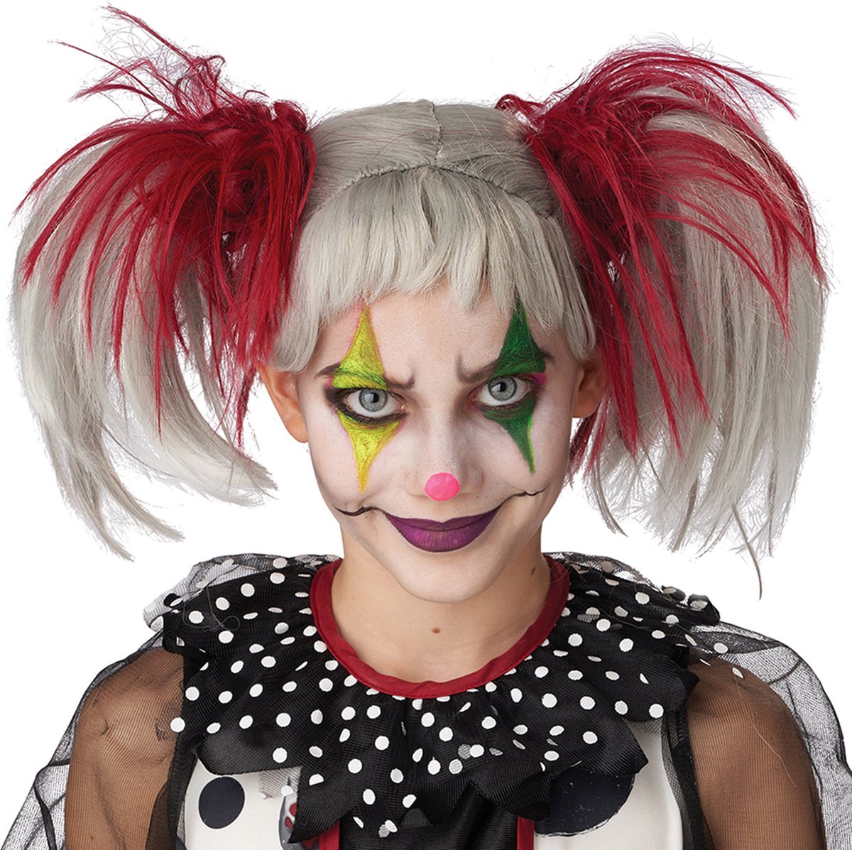   - Een fosforescerende rode en witte varkensstaartpruik voor kinderen