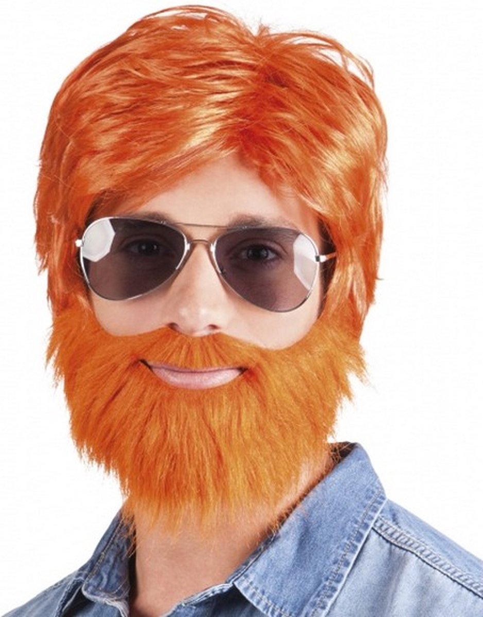 pruik Dude met baard heren oranje