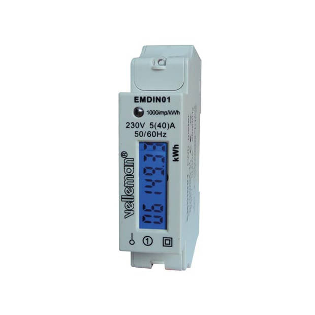 Velleman Professionele kWh meter, 1 fase, voor DIN-railmontage, met lcd-scherm en pulsled, max. 40 A