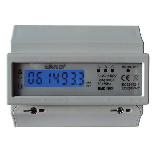   Professionele kWh meter, 3 fase, voor DIN-railmontage, met lcd-scherm en pulsled, max. 100 A