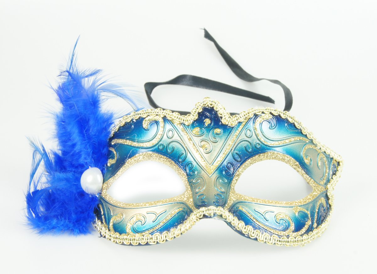 Venetiaans masker – Blauw blauwe kleur – carnaval – feest- evenement – thema – italiaans – verkleed – kinderfeest – veren – bal masquê – gemaskerd