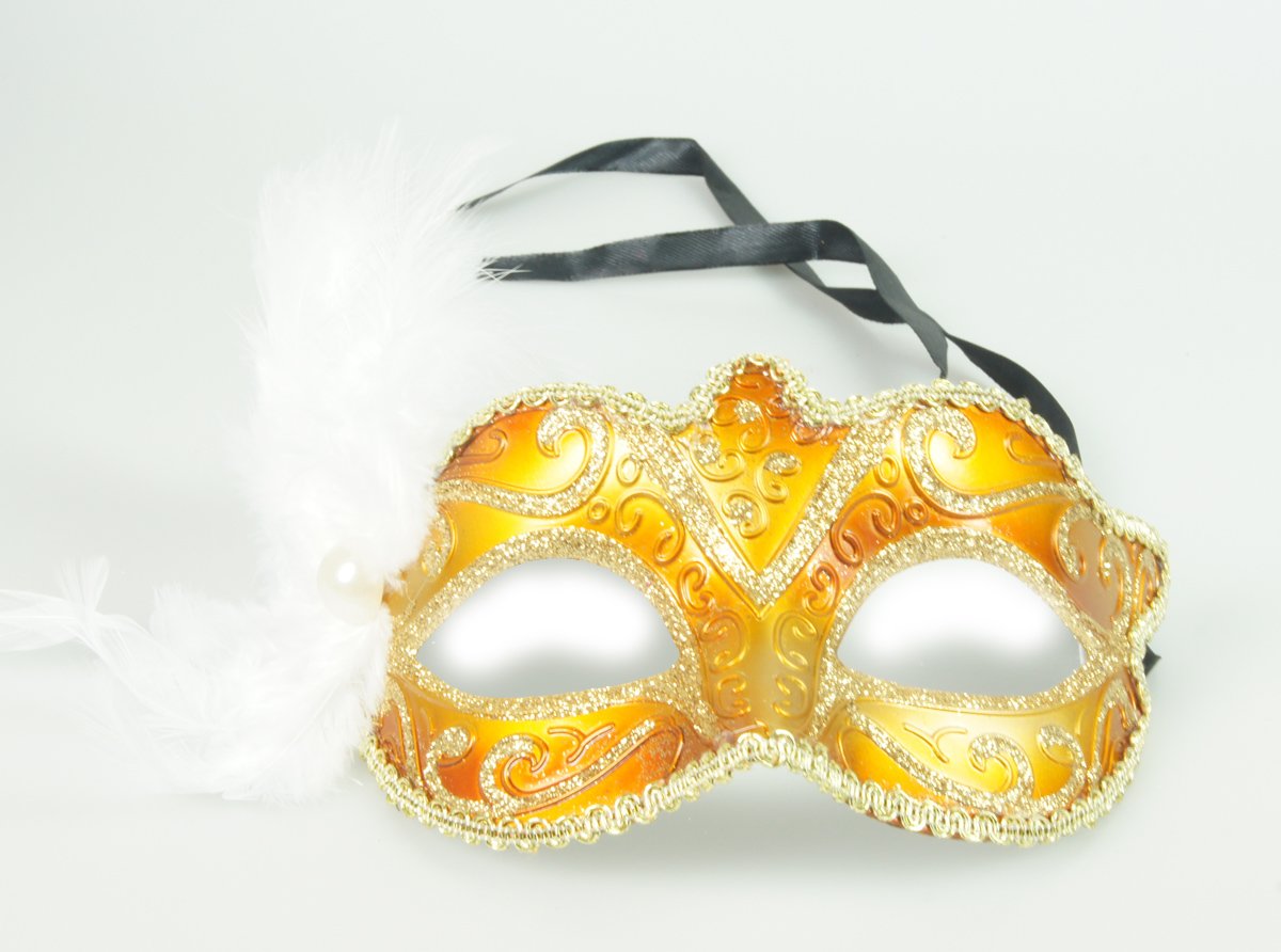 Venetiaans masker – Geel gele kleur – carnaval – feest- evenement – thema – italiaans – verkleed – kinderfeest – veren – bal masquê – gemaskerd