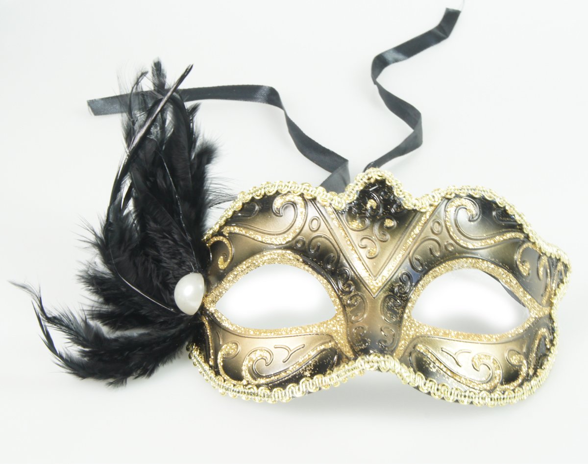 Venetiaans masker – Goud goude kleur – carnaval – feest- evenement – thema – italiaans – verkleed – kinderfeest – veren – bal masquê – gemaskerd