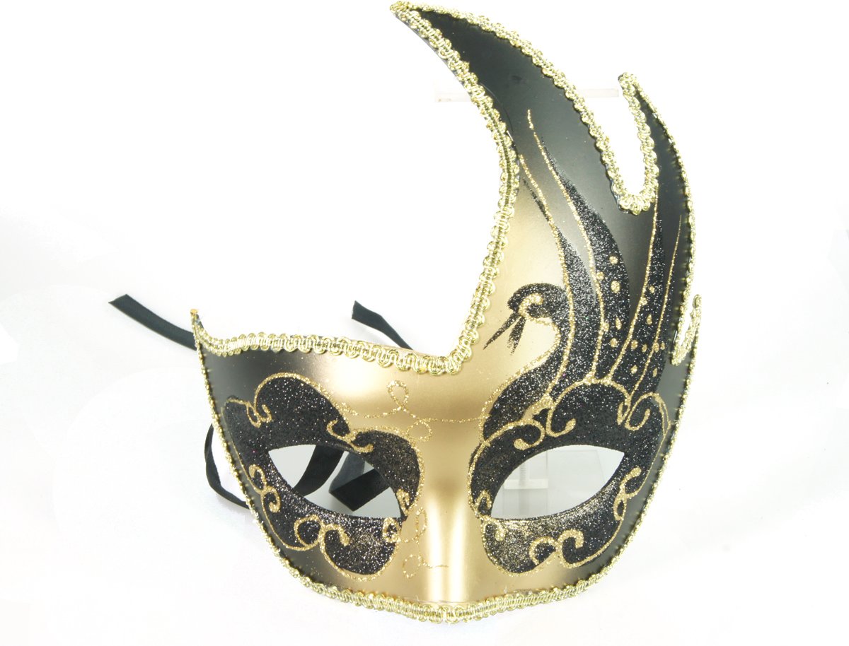 Venetiaans masker – Goud goude kleur – vlam vorm -carnaval – feest- evenement – thema – italiaans – verkleed – kinderfeest – veren – bal masquê – gemaskerd