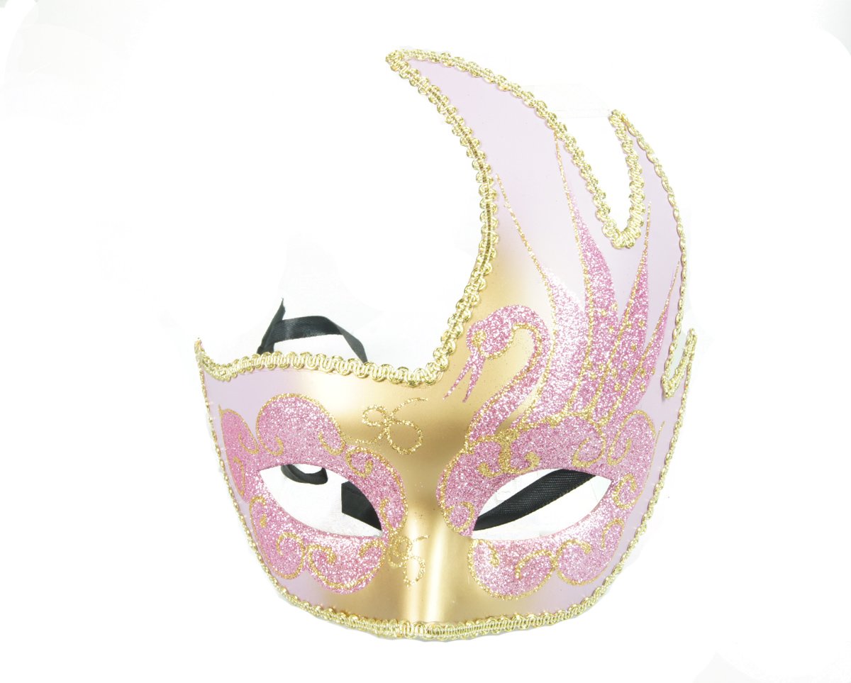 Venetiaans masker – Licht roze kleur – vlam vorm -carnaval – feest- evenement – thema – italiaans – verkleed – kinderfeest – veren – bal masquê – gemaskerd