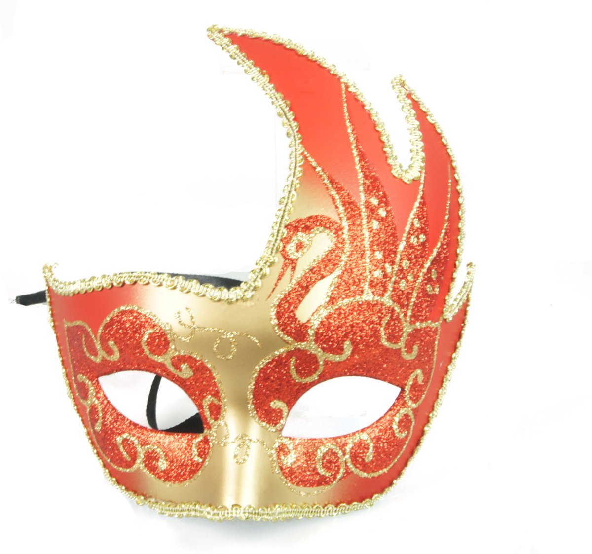 Venetiaans masker – Oranje kleur – vlam vorm -carnaval – feest- evenement – thema – italiaans – verkleed – kinderfeest – veren – bal masquê – gemaskerd