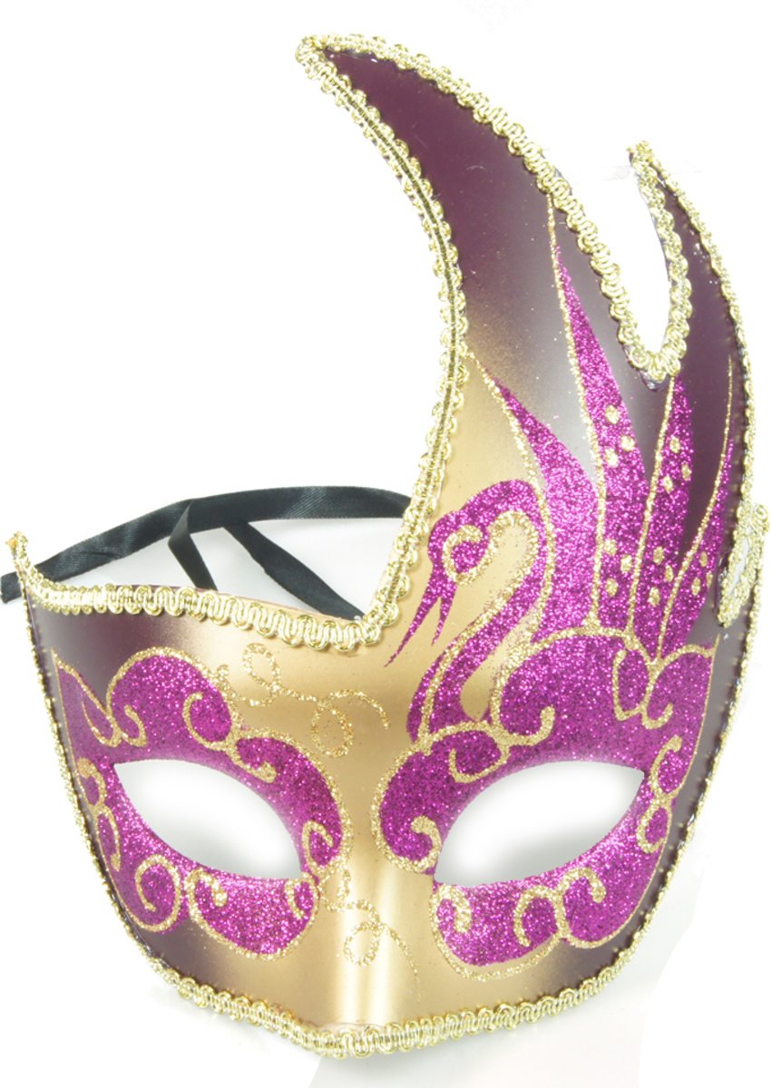 Venetiaans masker – Roze kleur – vlam vorm -carnaval – feest- evenement – thema – italiaans – verkleed – kinderfeest – veren – bal masquê – gemaskerd