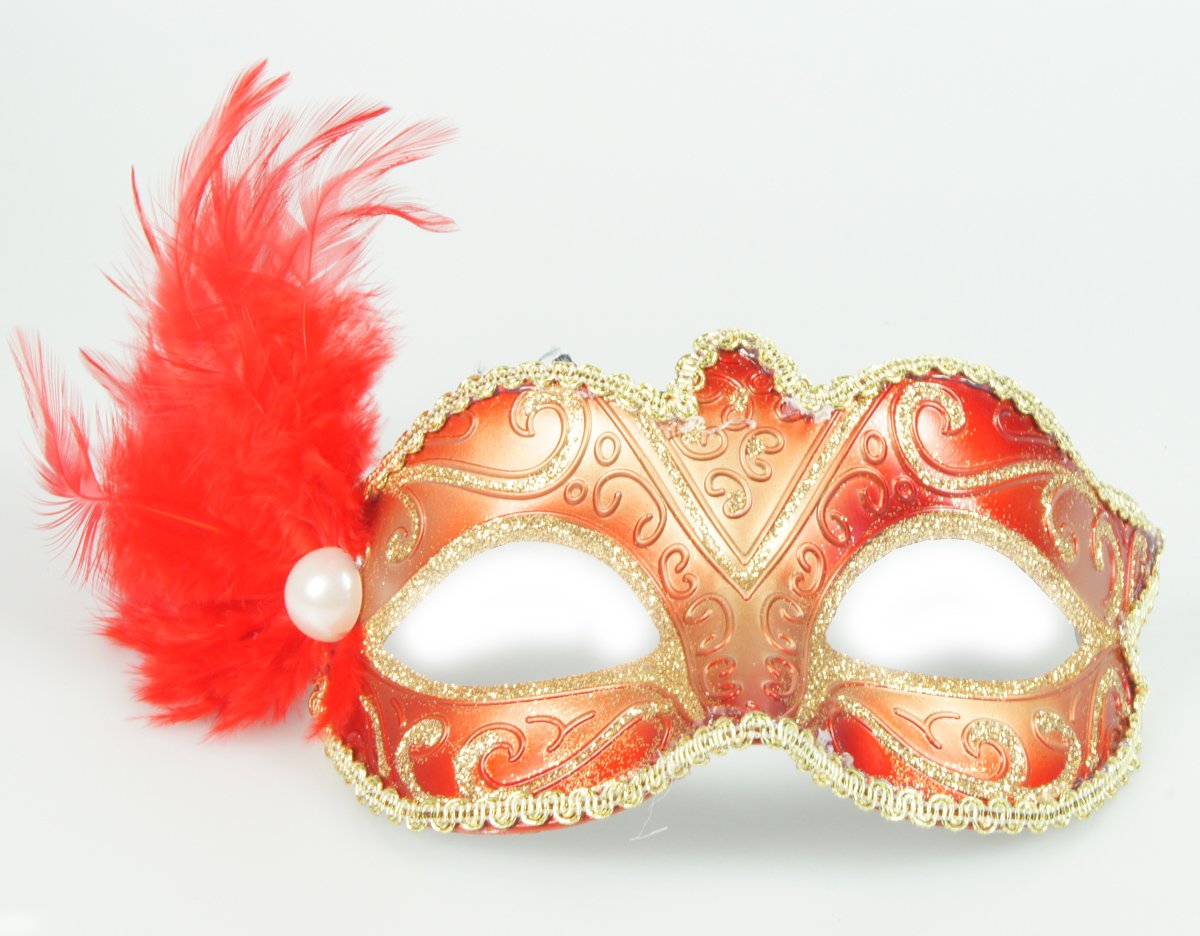 Venetiaans masker – rood rode kleur – carnaval – feest- evenement – thema – italiaans – verkleed – kinderfeest – veren – bal masquê – gemaskerd