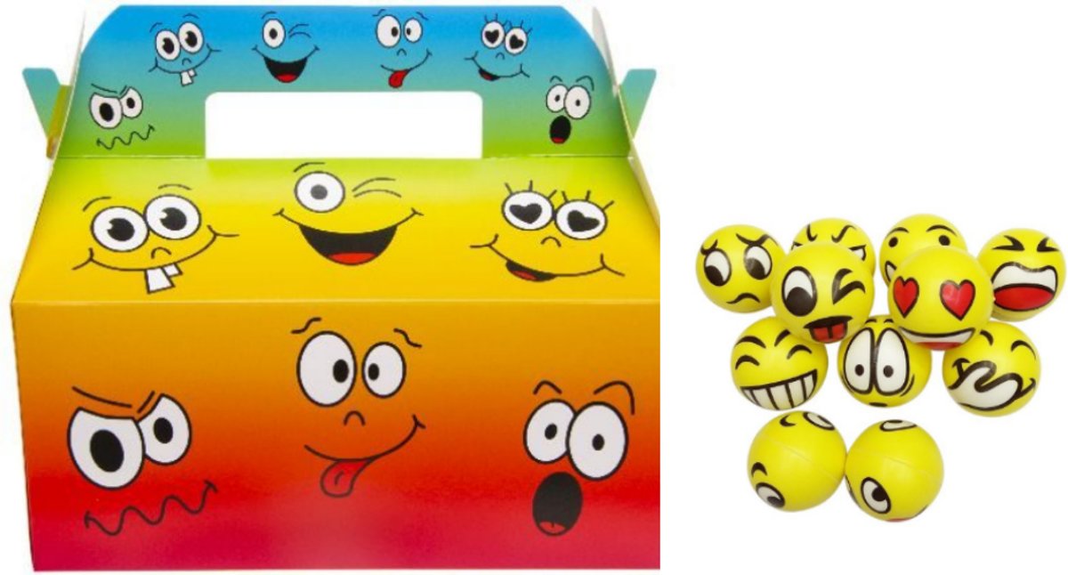 Menubox emoji + stress bal emoji 60 mm - set van 12 stuks - traktatie uitdeel doosje kinderfeestje