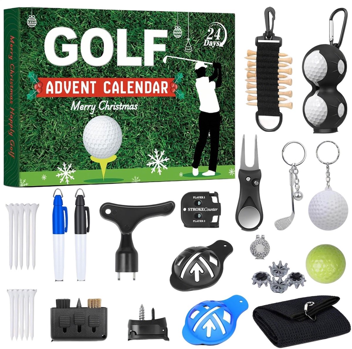24-Daagse Golfadventskalender Voor Mannen En Volwassenen - Kerstaftelkalender Golfgereedschapsset Met Ballen, Tees, Balmarkers En Meer - Voor De Kerstaftelling