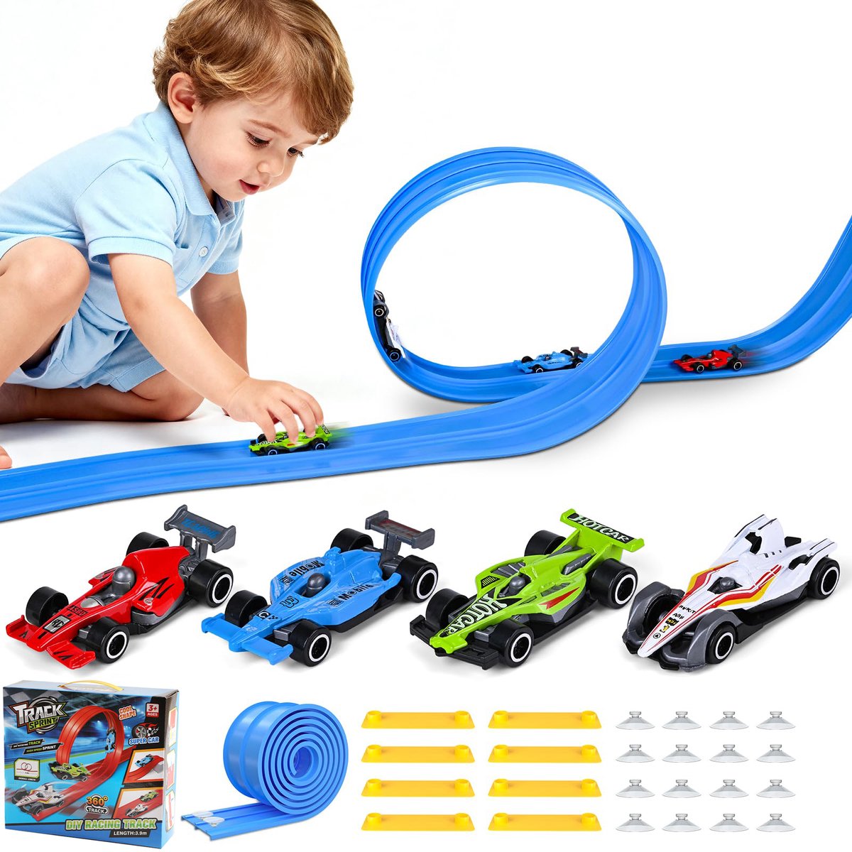 3.9M Flexibele Speelgoedvoertuig Baanspeelgoed - voor kinderen met 16 zuignappen en 8 gele pakkingen, compatibel met 4 gegoten legering speelgoed 1:64, 13-voet rollen, draagbare flexibele baanspeelgoed