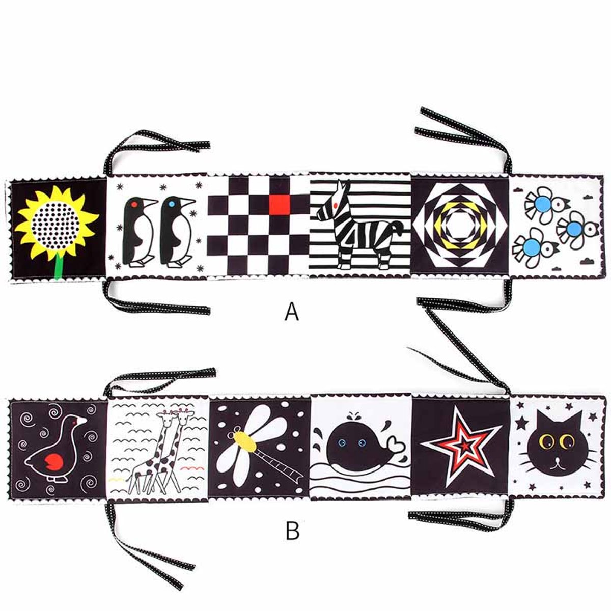 Contrastboek Baby - Zwart-wit dubbelzijdig stoffen babyboek - Zacht prentenboek met spiegeltjes - Kinderwagen Contrast Speelgoed Baby 0 3 6 Maanden Cadeau voor Babys - inpakboek - C