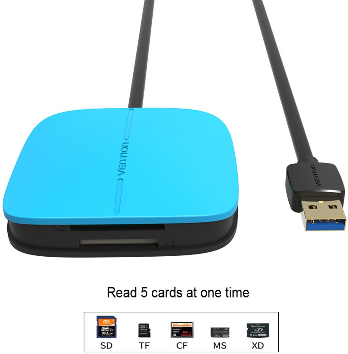 USB 3.0 kaartlezer voor SD/TF/CF/XD /MS Micro SD - Blauw 50cm Kabel