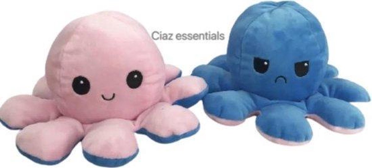 Knuffel Octopus - Mood Knuffel Omkeerbaar - Octopus Knuffel - emotie knuffel - Verwisselbaar - Blij en Boos knuffel - knuffel octopus omkeerbaar - Roze/blauw