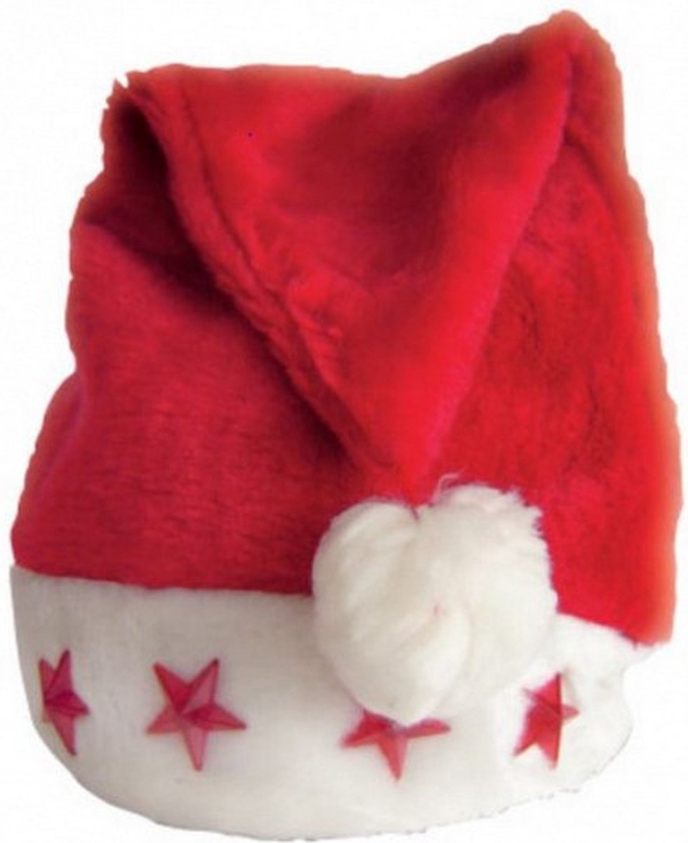 kerstmuts met sterverlichting polyester rood/wit